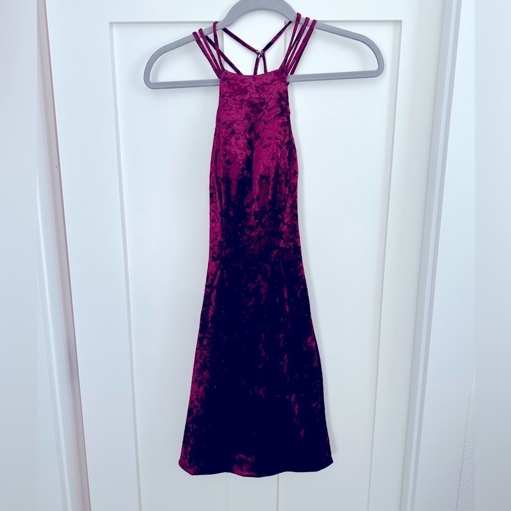 Vintage La Femme Y2K Style Blood Red Crushed Velvet Bodycon Mini Dress Size 00